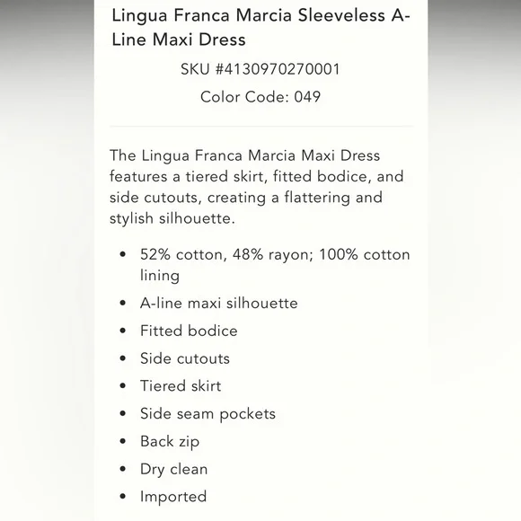 Lingua Franca Marcia Anthropologie NWT
Sleeveless A-Line Maxi Dress size 6. - Picture 6 of 16